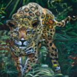 Jaguar, Oil paint on green velvet fabric, 50 x 60 cm, 2024