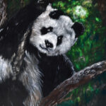 Pandabär, Oli paint on green velvet fabric, 50 x 60 cm, 2021