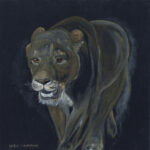 Löwin, Ölfarbe auf schwarzem Samtstoff, 60 x 60 cm, 2012